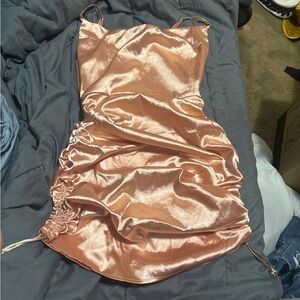 Satin Ruched Slip Dress in Peach